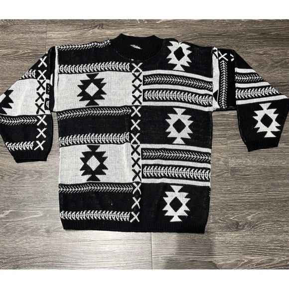 Vintage American Pride Sweater Acrylic 90s Western Black/White Size Medium Aztec - Picture 1 of 6